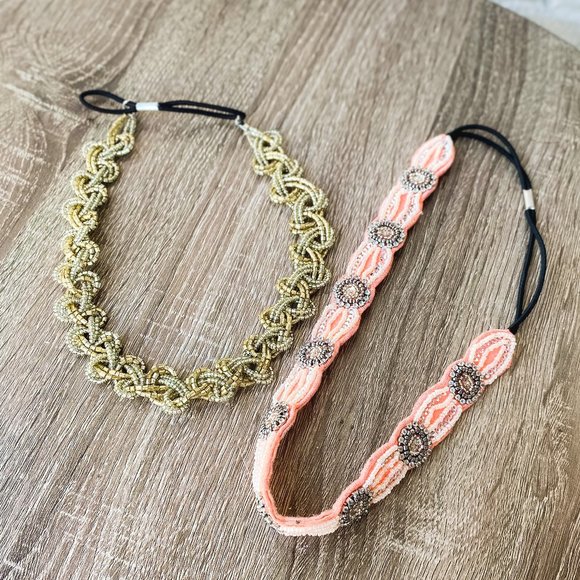 Accessories - Set of 2: Coral & Gold Beaded Headbands